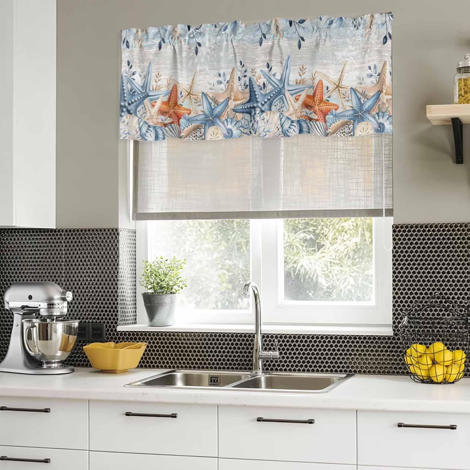 2 Pack Blue Coastal Valances for Window, Summer Beach Starfish Short Curtains for Kitchen Bedroom Living Room, Weeping Eucalyptus Vintage Rod Pocket Small Window Treatment Valance Drapes 60 x 18 Inch
