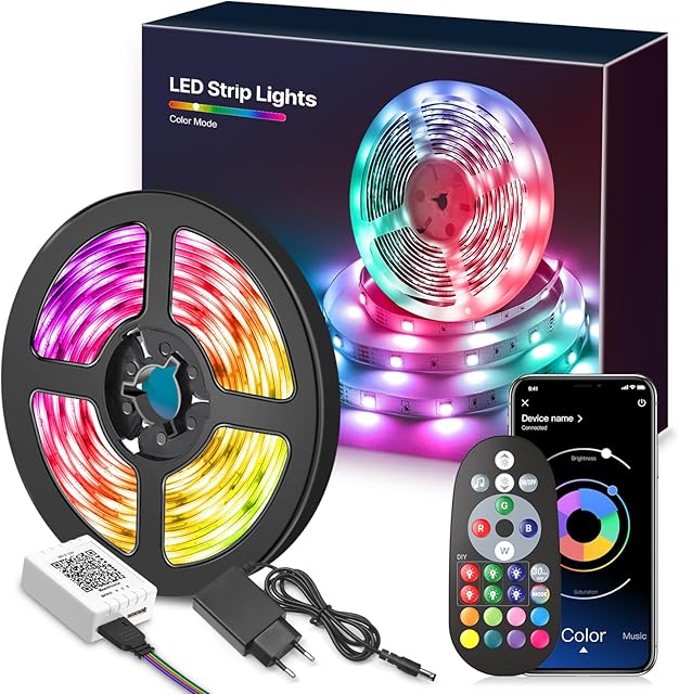 Taśma LED 15 m (1 rolka), Bluetooth LED, RGB, łańcuch świetlny z pilotem zdalnego sterowania i aplikacją, 16 mln kolorów, synchronizacja z muzyką, do dekoracji szafy, domu
