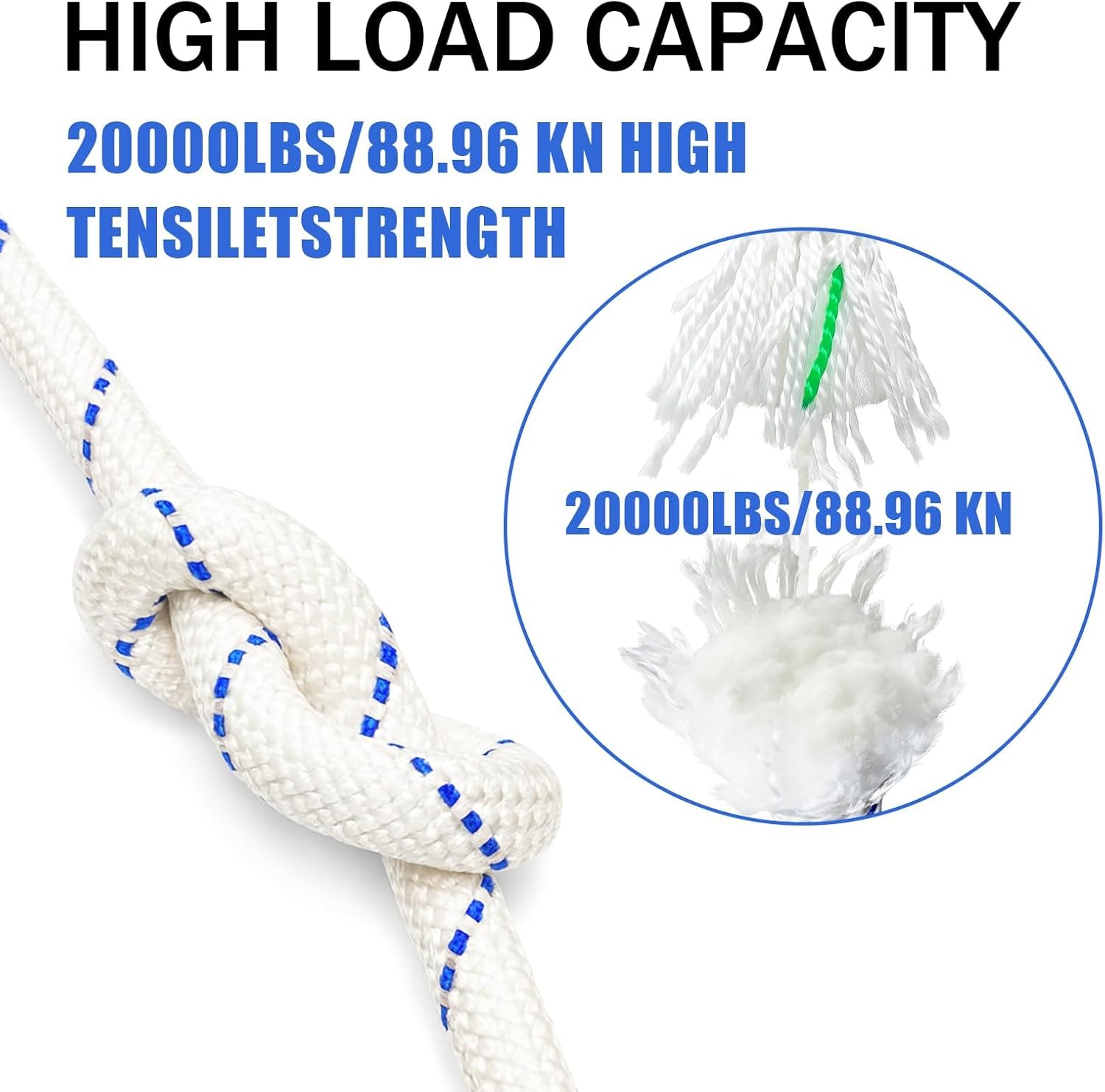 3/4" x 200' High Force Braid Polyester Rope, 24 Strand Bull Rope Up to 20000Lbs Tensile Strength, Heavy Duty Tree Rope, Ideal for Tree Work, Camping and Swings, Blue and White