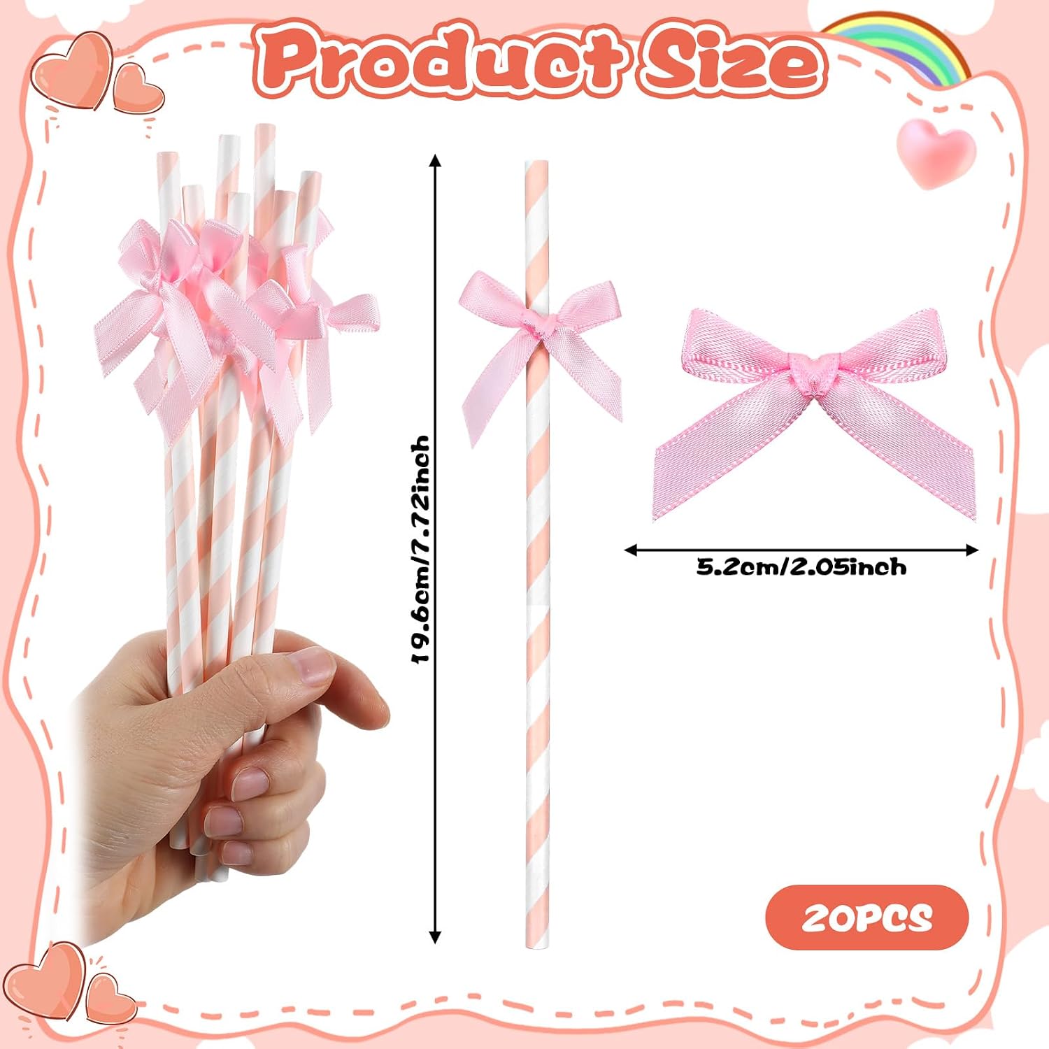 20Pcs Pink Paper Straws - 7.7inch Bow Straws Cute Paper Straw for Wedding Picnic Birthday, Bow Themed Party Decorations for Juice Coffee Tea Cocktail Milkshake(Pink&white stripes) image 2