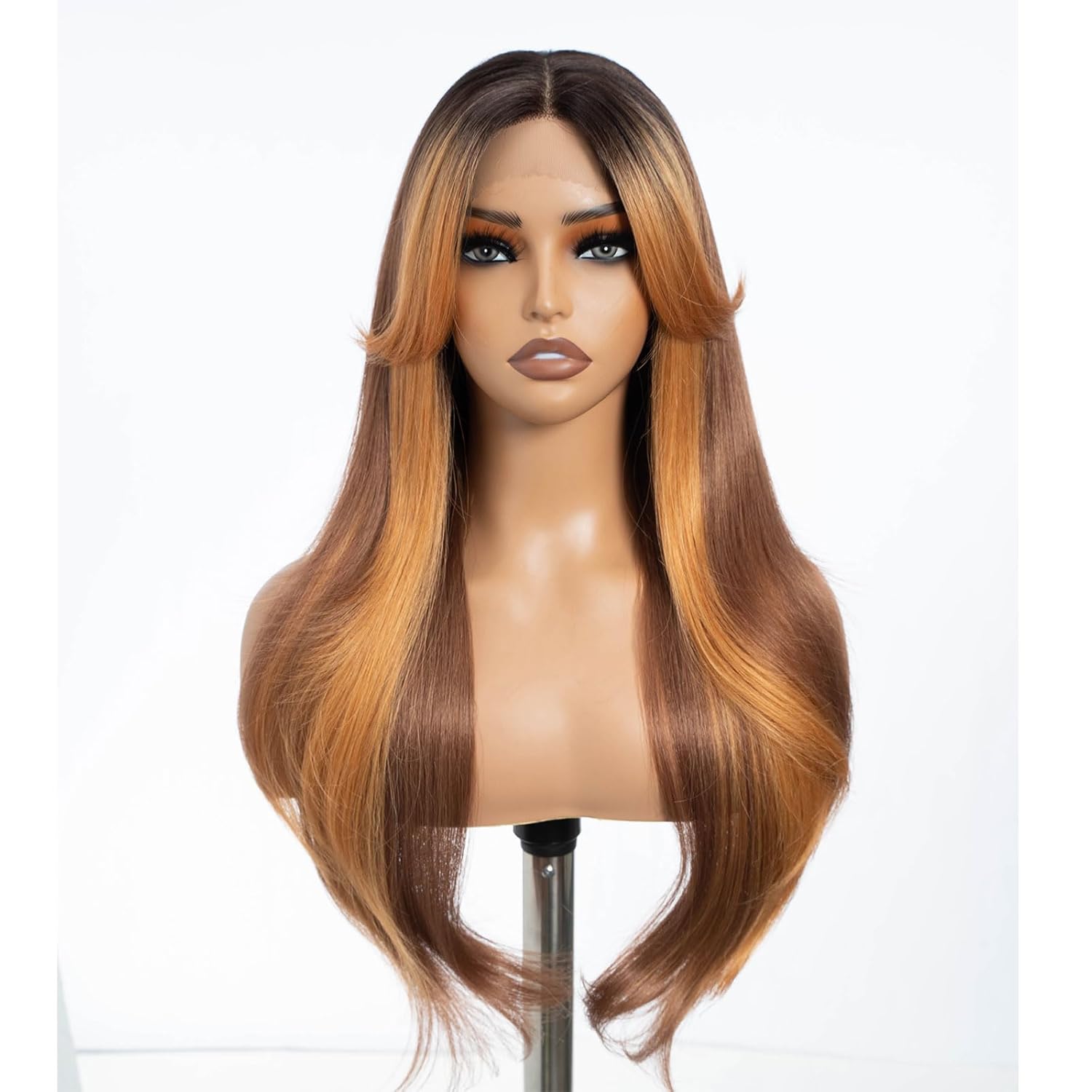 DÉBUT Chocolate Brown Synthetic Lace Front Wigs with Curtain Bangs, Long Straight Layered Wigs with Bangs, Middle Part with Natural Hairline Lace Front Wigs for Women, Brown Color 26 Inch