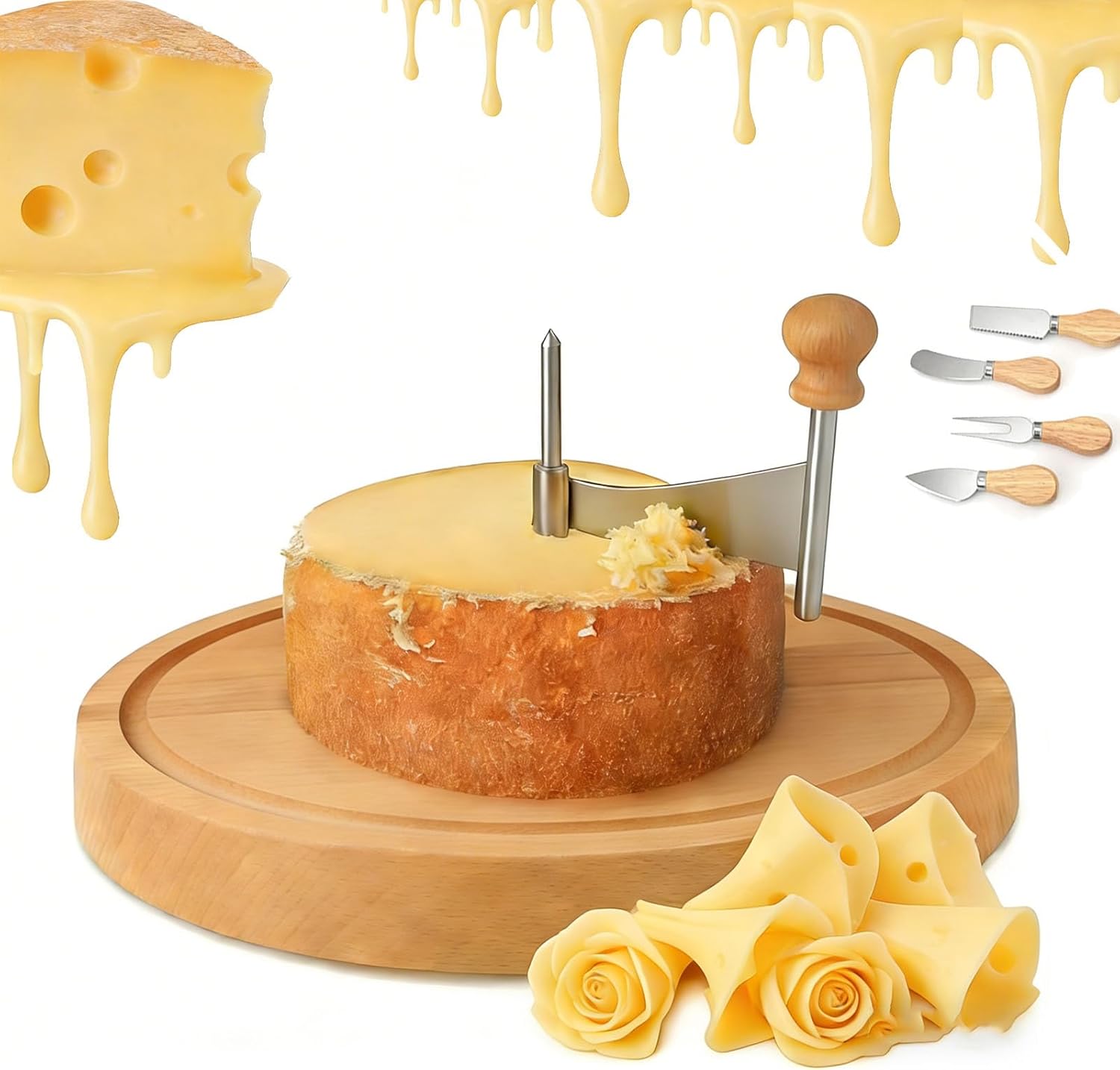 Cheese Curler Wheel with Lid, Cheese Curler for Cheese Flowers & Chocolate Shavings, Stainless Steel Blade with Wooden Base for Charcuterie & Desserts (B)