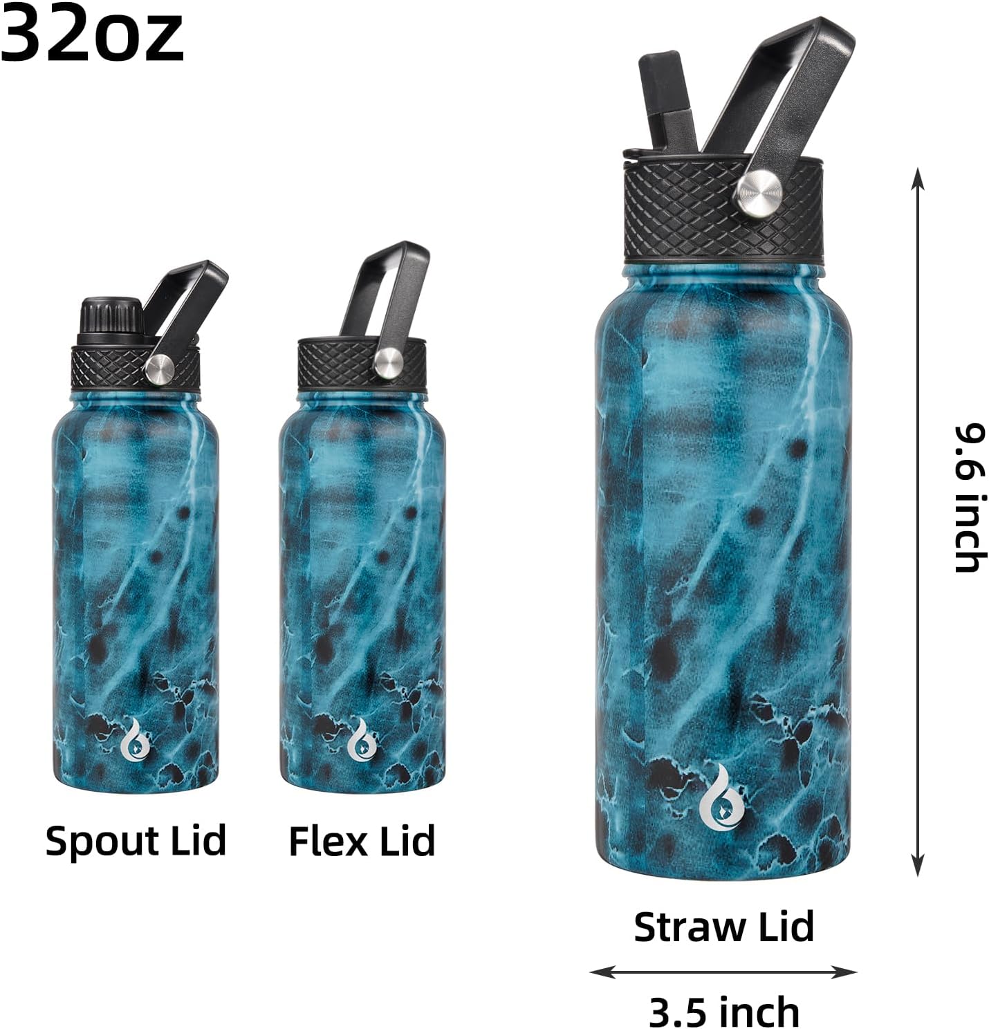 BJPKPK Insulated Water Bottles with Straw Lid, 32oz Metal Large Water Bottle with 3 Lids, Reusable Leak Proof BPA Free Thermo, Stainless Steel Tumblers for Sports, Gym, Travel-Ocean - Image 2