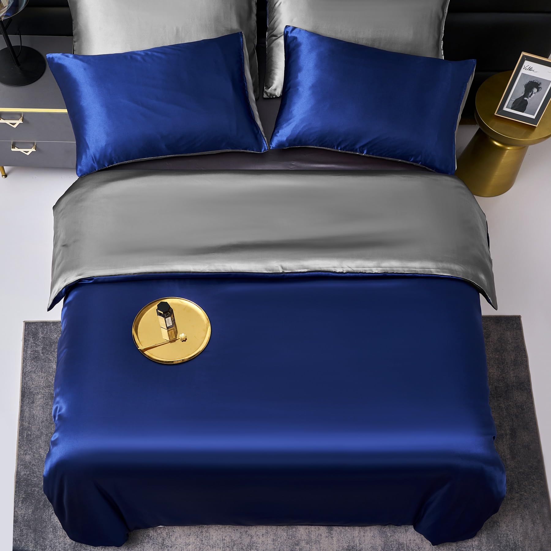 Parure de lit en satin 200x220 Bleu foncé gris Wendebettwäsche Deluxe soie satin lisse brillant doux satin 3 pièces avec fermeture éclair et 2 taies d'oreiller 80x80 cm