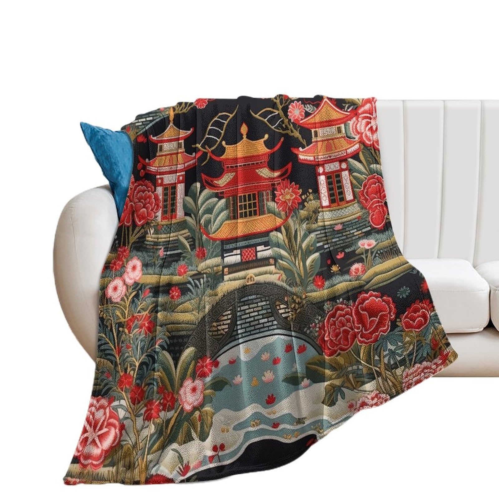 Jeté de lit en flanelle Chinoiserie, couverture douce contre le froid en hiver
