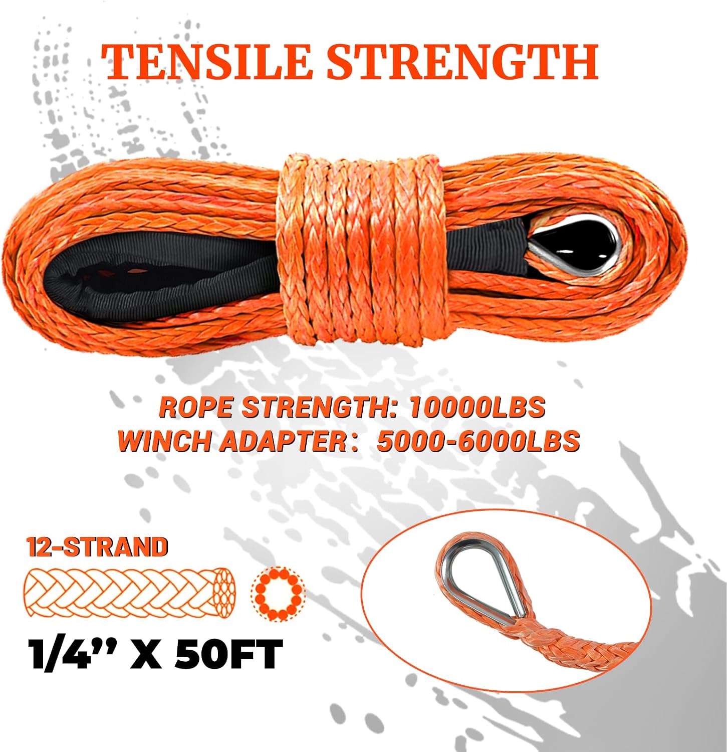 1/4 Inch x 50 Feet 10,000LBS Synthetic Winch Line，with Black Protecing Sleeve for Off Road Vehicle ATV UTV SUV Truck（Orange）