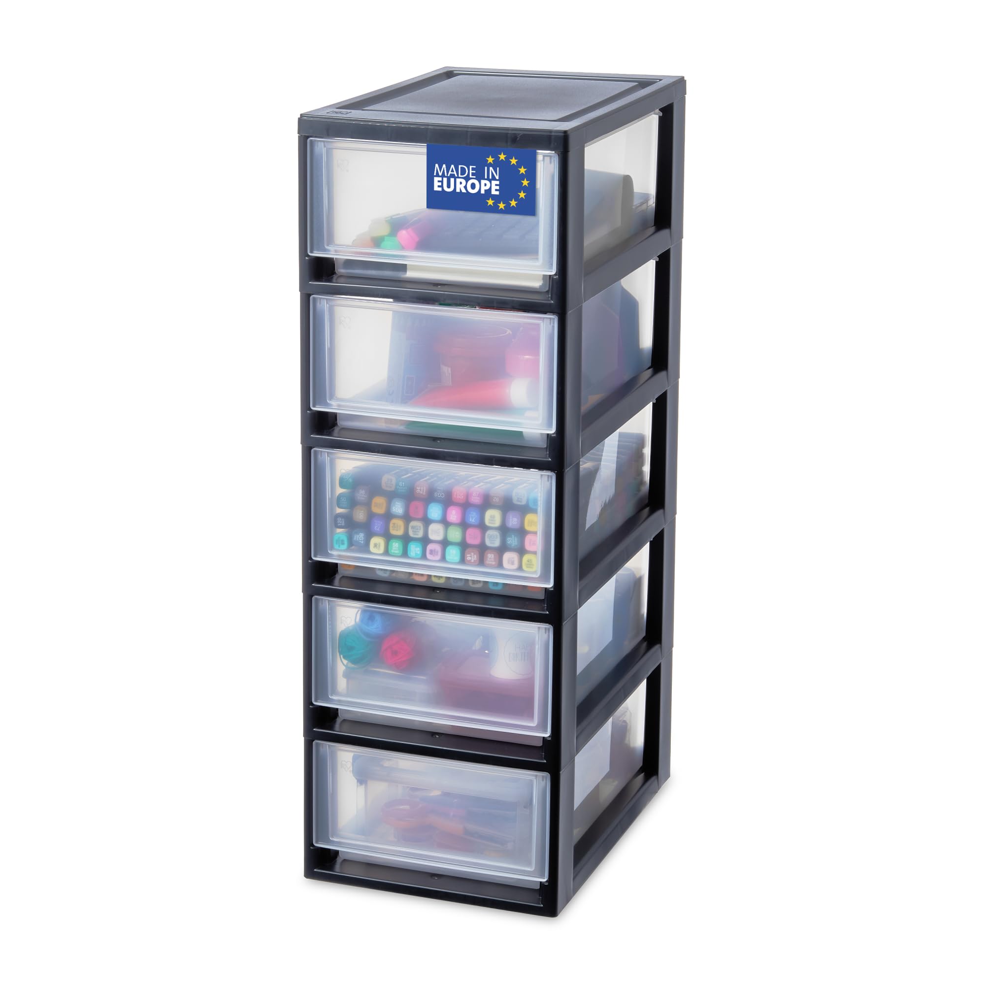 Iris Ohyama, Pequeño Cajón de Almacenamiento, Torre de Almacenamiento de Oficina, 7L, Juego de 5, Negro, Compacto, Duradero, Apilable, para Baño, Bricolaje Pequeño, Estantes, Plástico, Cajón, MSD-1