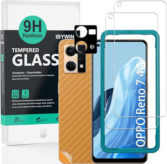 Ibywind Screen Protector for Oppo Reno 7 4G 6.43", [Pack of 2] with Metal Camera Lens Protector,Back Carbon Fiber Skin Protector,Including Easy Install Kit