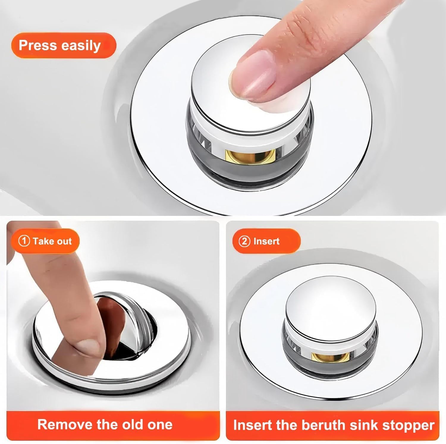 Beruth Bathroom Sink Stopper Hair Catcher, 304 Stainless Steel Pop Up Drain Strainer for 1.1''~2.36'' Basin, Upgraded Silent & Odor-Proof Design, Removable Filter Basket & Easy Install（2 Pcs）