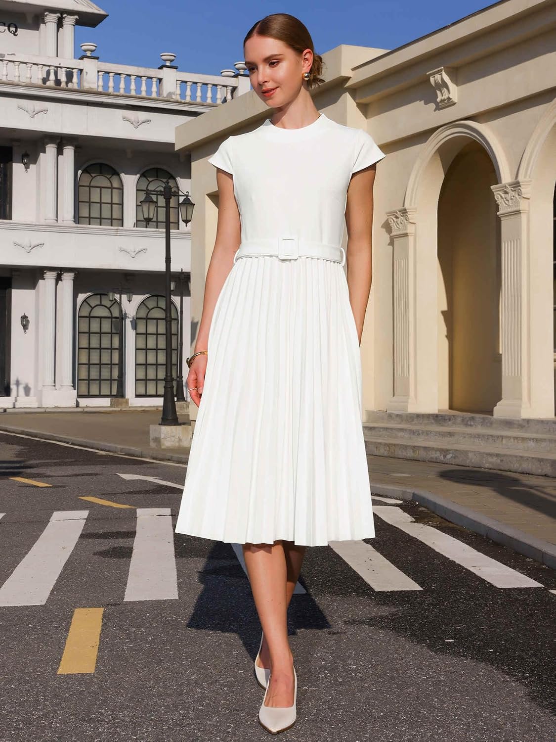 Hobemty Women's Pleated Dress Mock Neck Cap Sleeve Belted A-Line Dresses