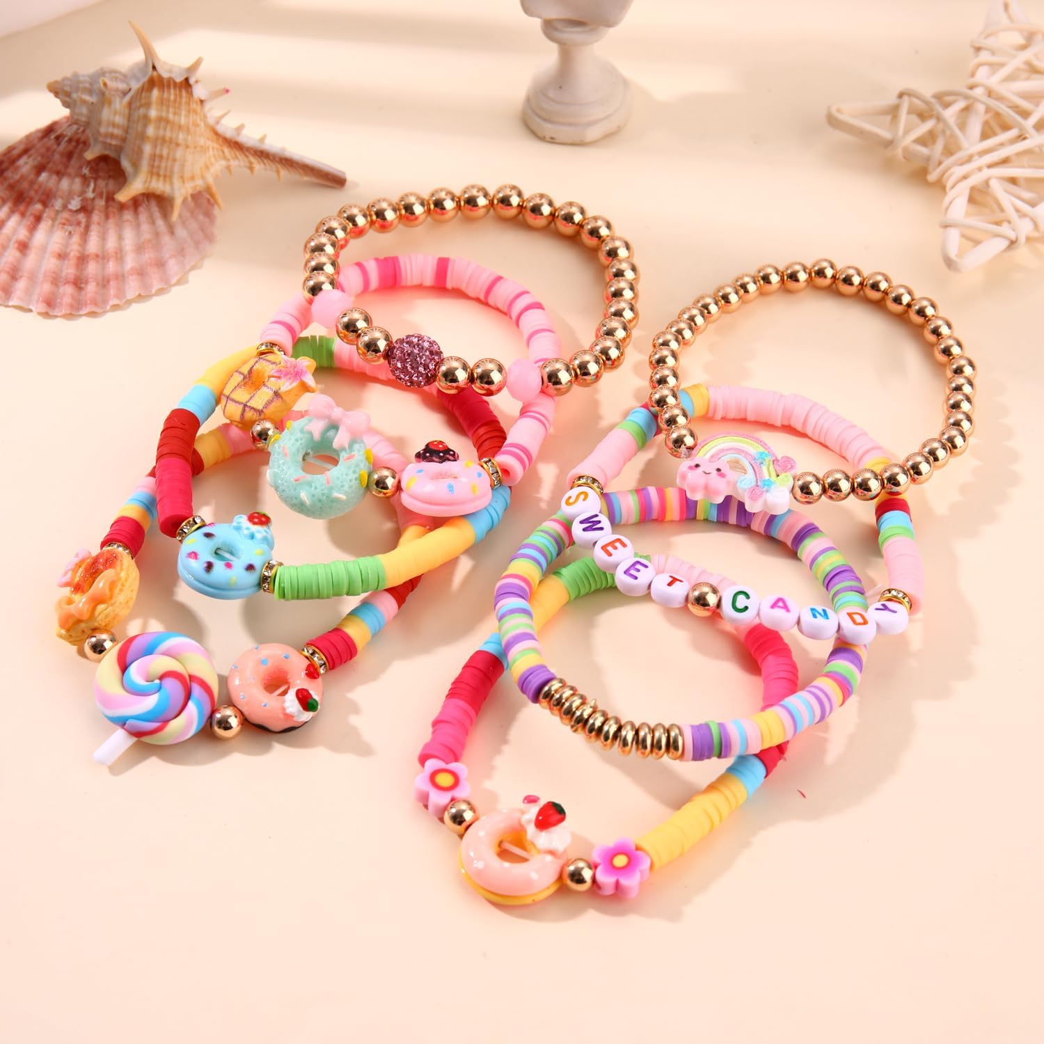 Donut Bracelet for Women Novelty Sweet Dessert Donut Heishi Clay Beaded Stretch Bracelets Stackable Cute Food Elastic Layering Friendship Wrist Jewelry Fun Holiday Birthday Party Gift image 2