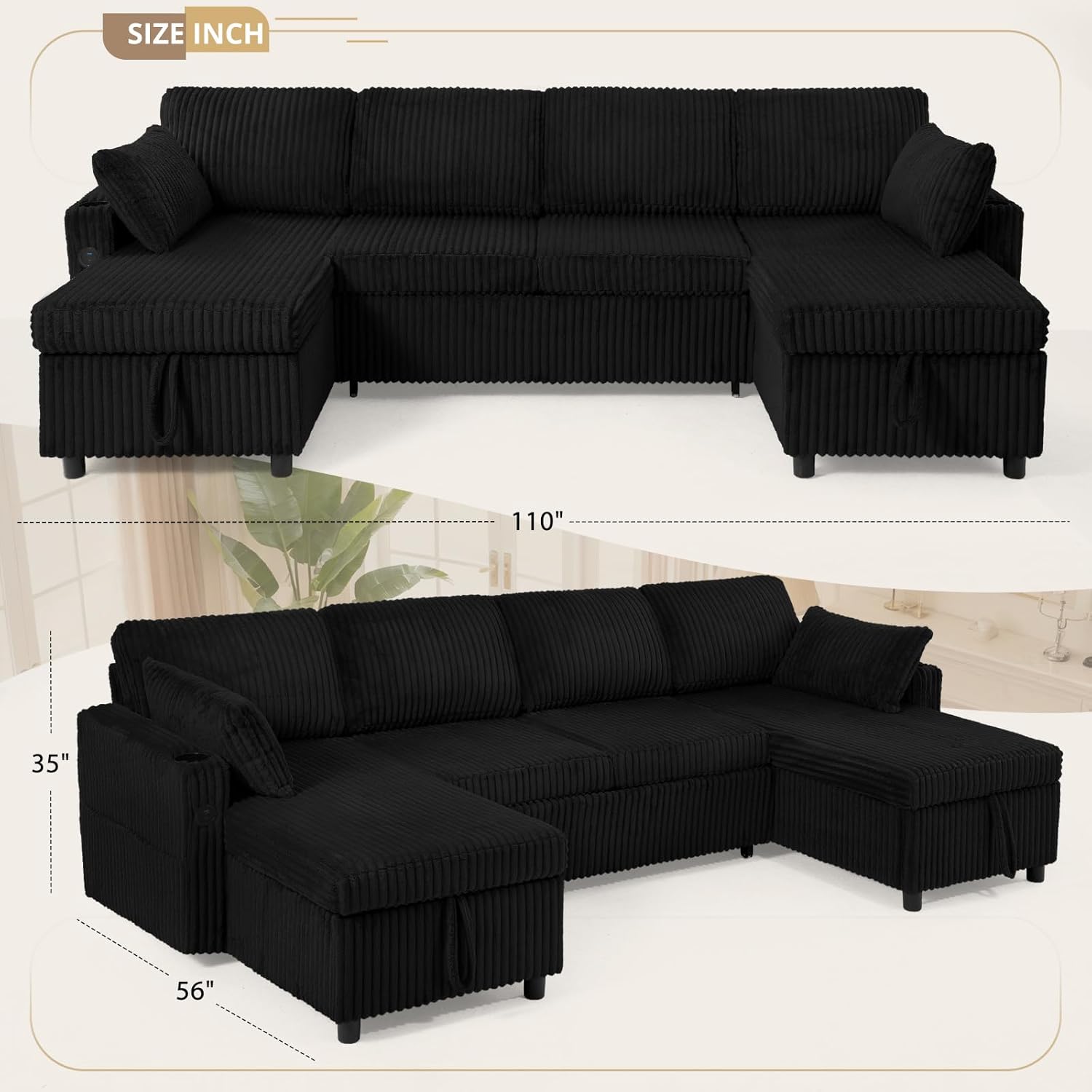 110" Corduroy U-Shape Sofa Bed with Adjustable Backrests, Upholstered Pull Out Sofa Bed with USB Ports, Convertible Sectional Sleeper Couch with Storage Chaise for Living Room, House, Black
