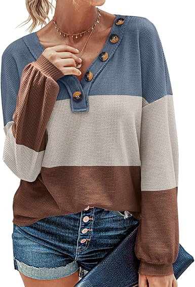 BTFBM Women Waffle Knit Shirts V-Neck Long Sleeve Casual Slouchy Loose Blouses Plain Faux Button Lightweight Pullover