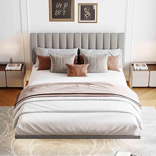Base de cama flotante Queen con luz LED  cabecero, base de cama moderna de tela de terciopelo, base de colchón, soporte de listones de madera, no