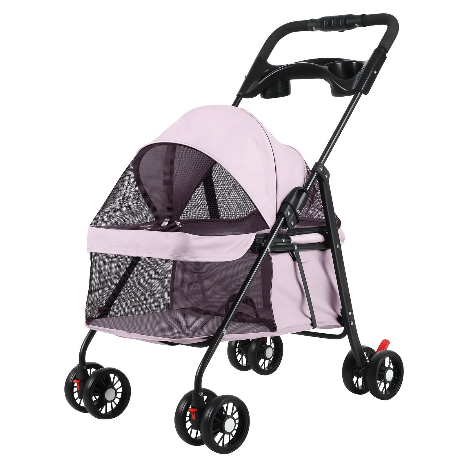 4 Wheels Pet Stroller, Portable Folding Dog Stroller with Cup Holder, Breathable Mesh Pet Cart, Lightweight Strolling Cart for Small Dogs and Cats, 7.5kg Load Capacity Pink