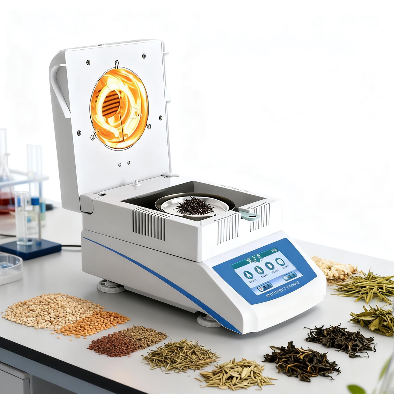 Analizator wilgoci, cyfrowy tester o wysokiej dokładności 0,001 g, 60-160℃, podwójne tryby suszenia, timer 0-99 min do analizy ziaren, herbaty, drewna, ziół i gleby