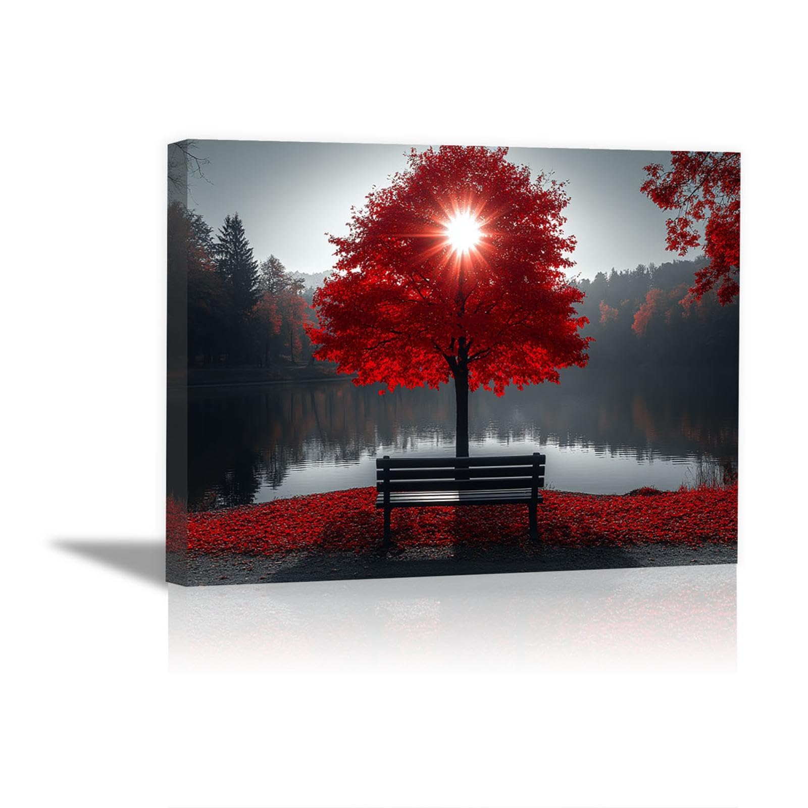 TODOAA Cuadro Arbol Abstracto Lienzo Nórdico Cuadros, Paisaje arbóreo junto al lago Decoracion Salon Lienzo, Dormitorios Para Comedor Oficina Pasillo Cocina Y Baño - 50x70cm Enmarcado(rojo)