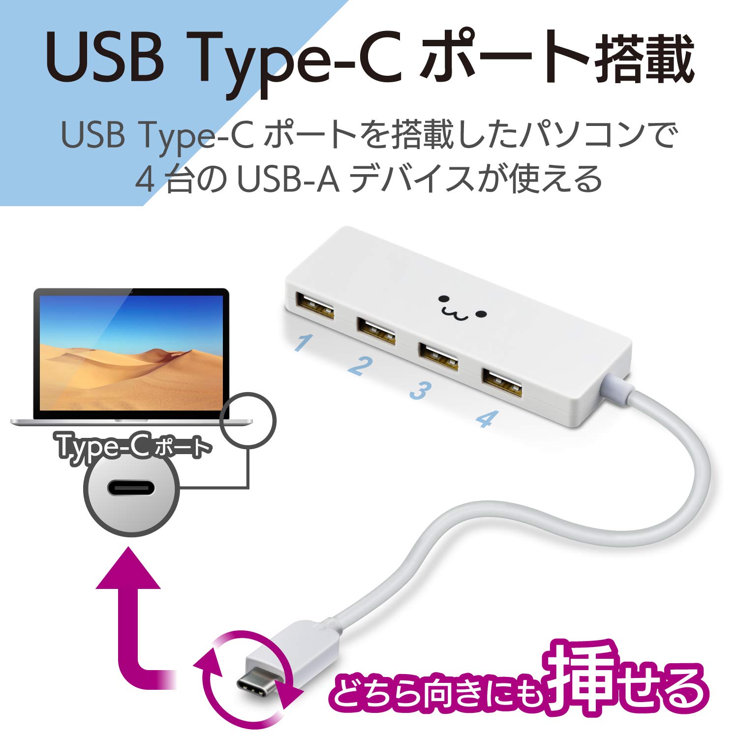 Elecom U2HC-A429BXWF USB Hub, USB 2.0 Type-C A Female 4 Ports, Bus Power, 5.9 inches (15 cm) Cable, Compatible with MacBook, iPad, Surface GO Pro 7, Chromebook, etc. White Face