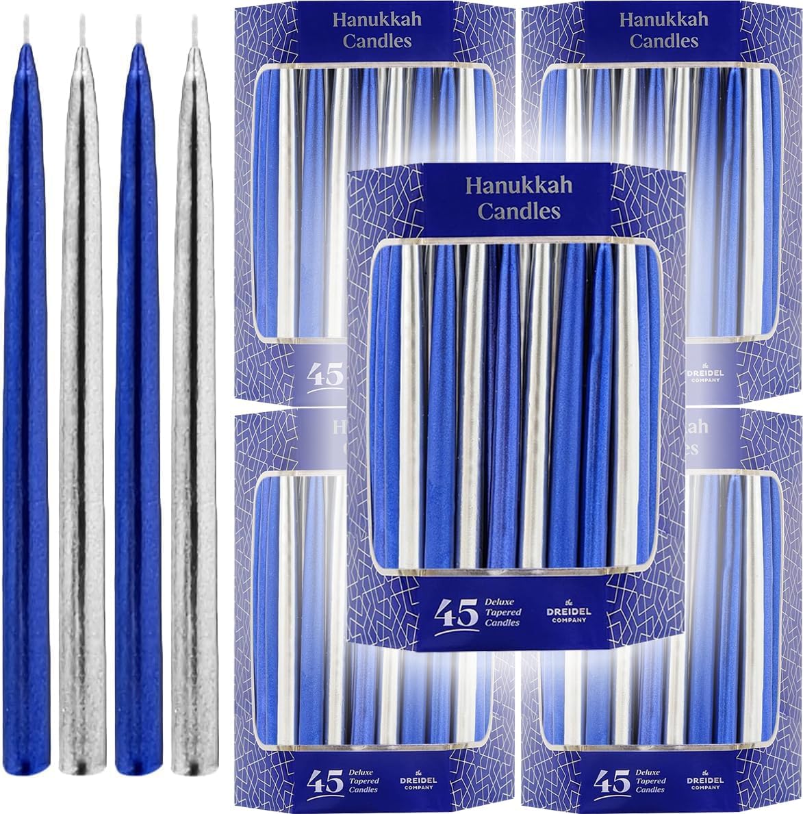 The Dreidel Company 45 Dripless Blue/Silver Metallic Hanukkah Candles Frosted Premium Tapered Hand Decorated Chanuka Candles (5-Pack)