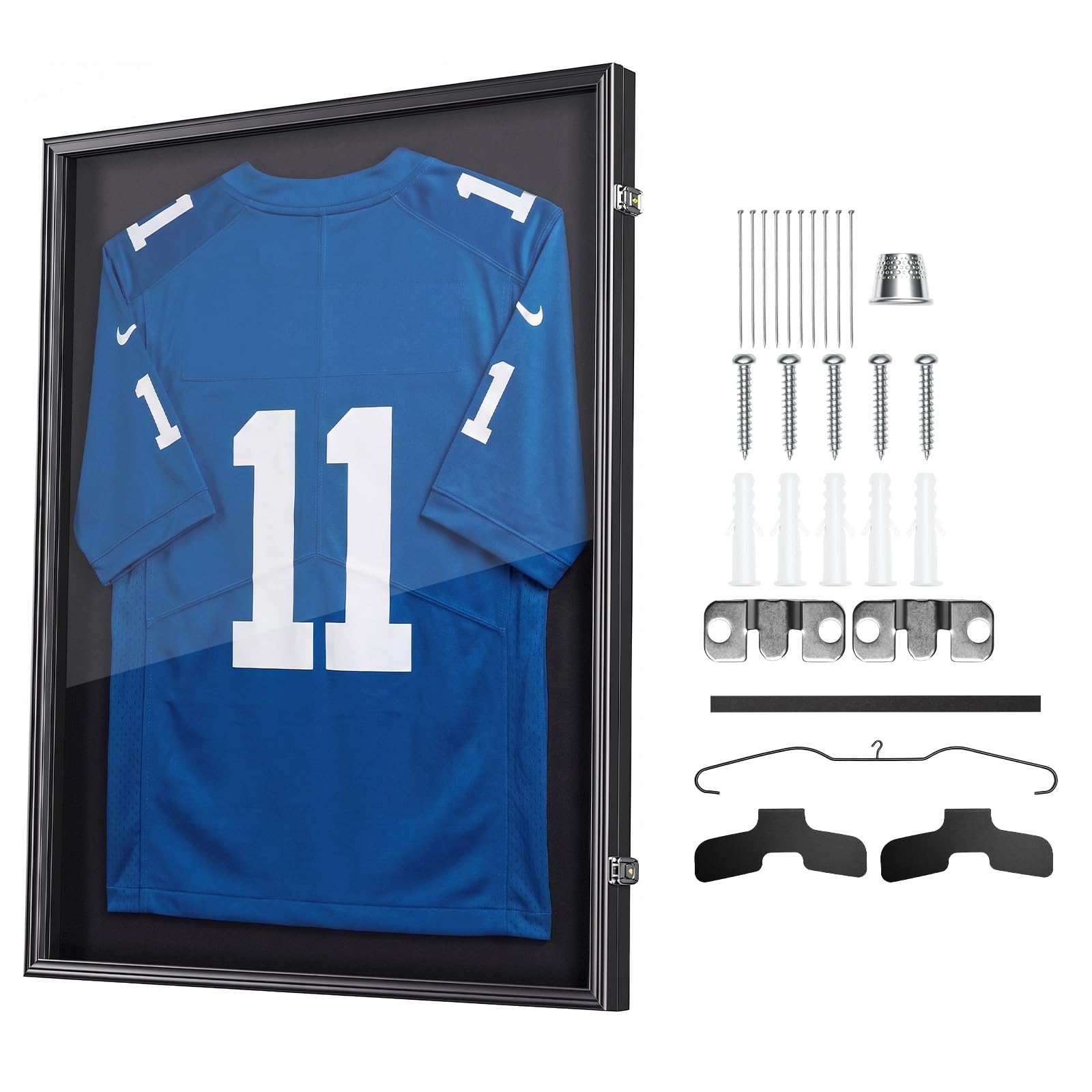 VEVOR Marco de Camisetas de Madera 71,8 x 92,5 x 4 cm, Vitrina para Camisetas Deportivas con Panel de Policarbonato con Protección UV, Expositor para Uniformes de Baloncesto, Fútbol, Béisbol, Negro