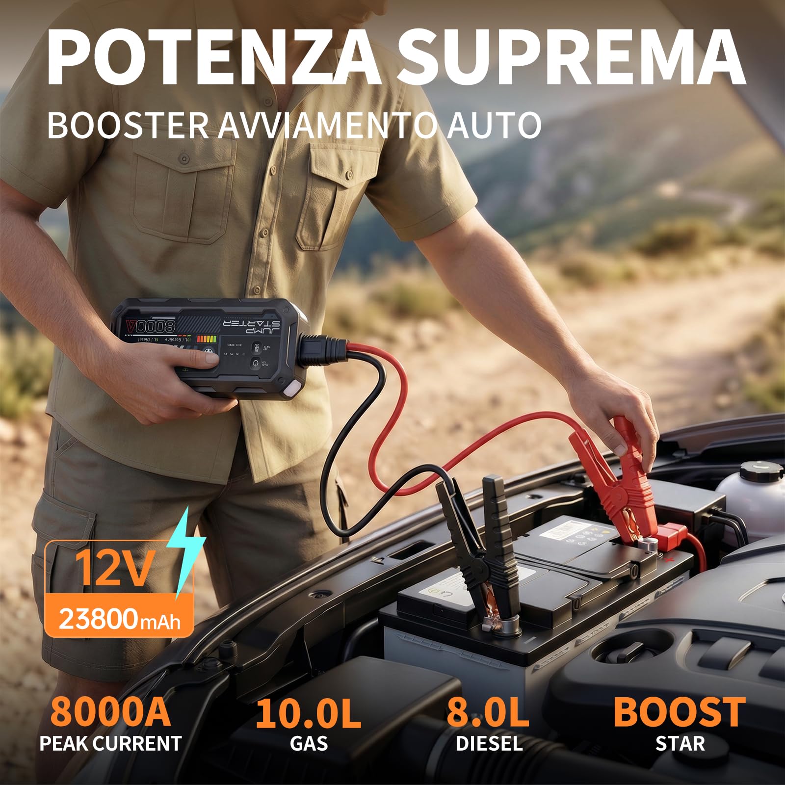 Booster Avviamento Auto 8000A Portatile Avviatore di Batteria Auto/Moto/Motoscafo(fino a ALL Gas/10.0L Diesel), 12V Avviatore di emergenza per Auto (Grigio scuro)