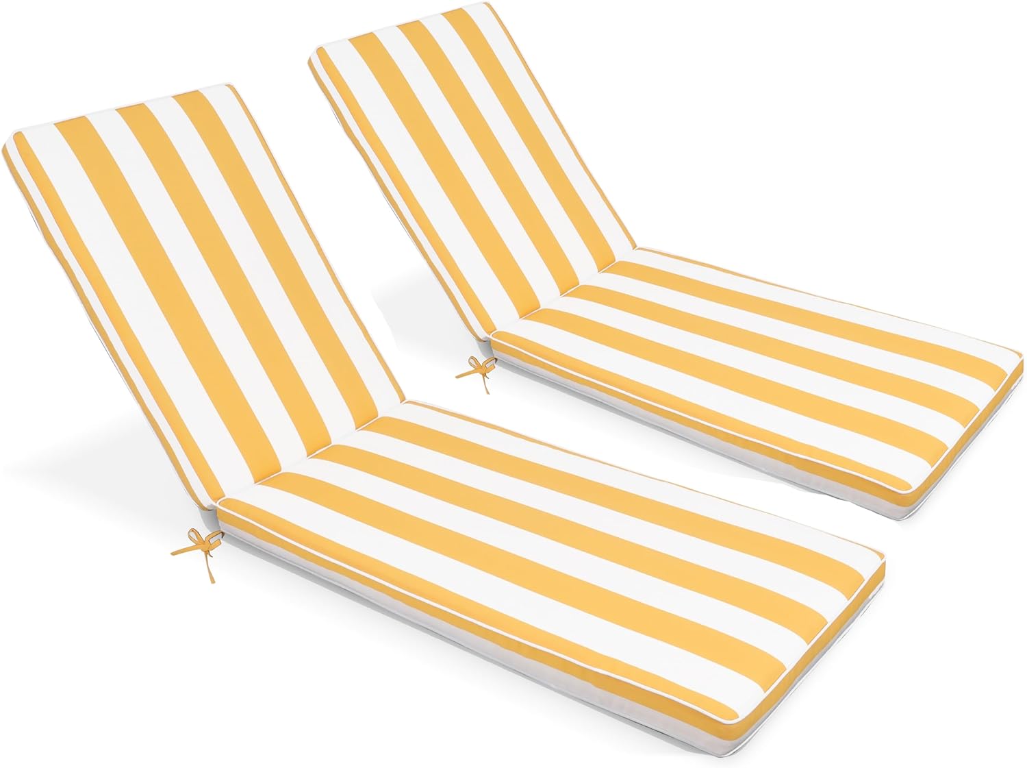 Outdoor Chaise Lounge Cushions Set of 2, 75"x22"x3" Thick Patio Chaise Cushions with Straps, Water-Resistant & Fade-Resistant Foam for Pool, Lawn Furniture-Yellow/White Striped