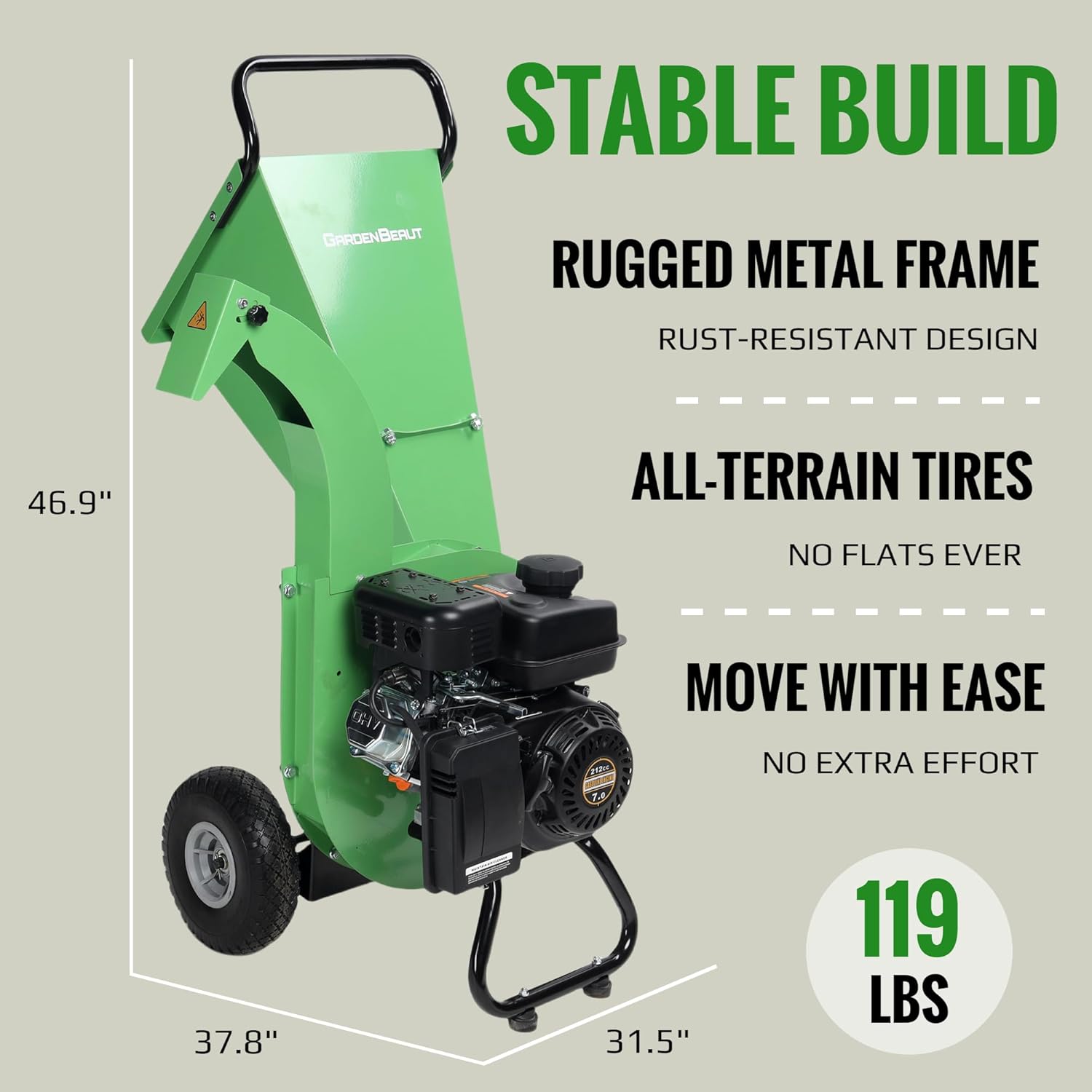 S1 Wood Chipper, 20: 1 High Reduction Ratio, 7 HP 212cc Heavy Duty Engine Gas Powered, 3" Max Wood Diameter Capacity, Robust Shredder Mulcher with Large Cutting Rotor