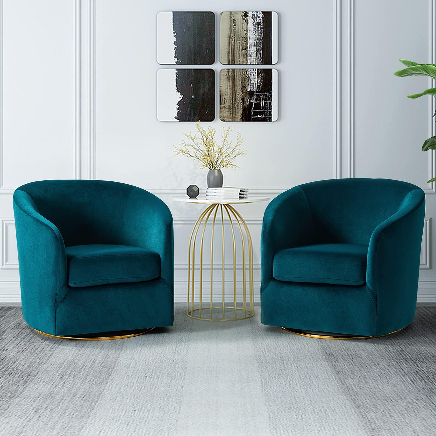 HULALA HOME Swivel Accent Chair with Gold Metal Base, Set of 2 Contemporary Velvet Curved Swivel Barrel Chair, Upholstered Club Armchair, Leisure Single Sofa for Living Room, Nursery, Bedroom(Teal)