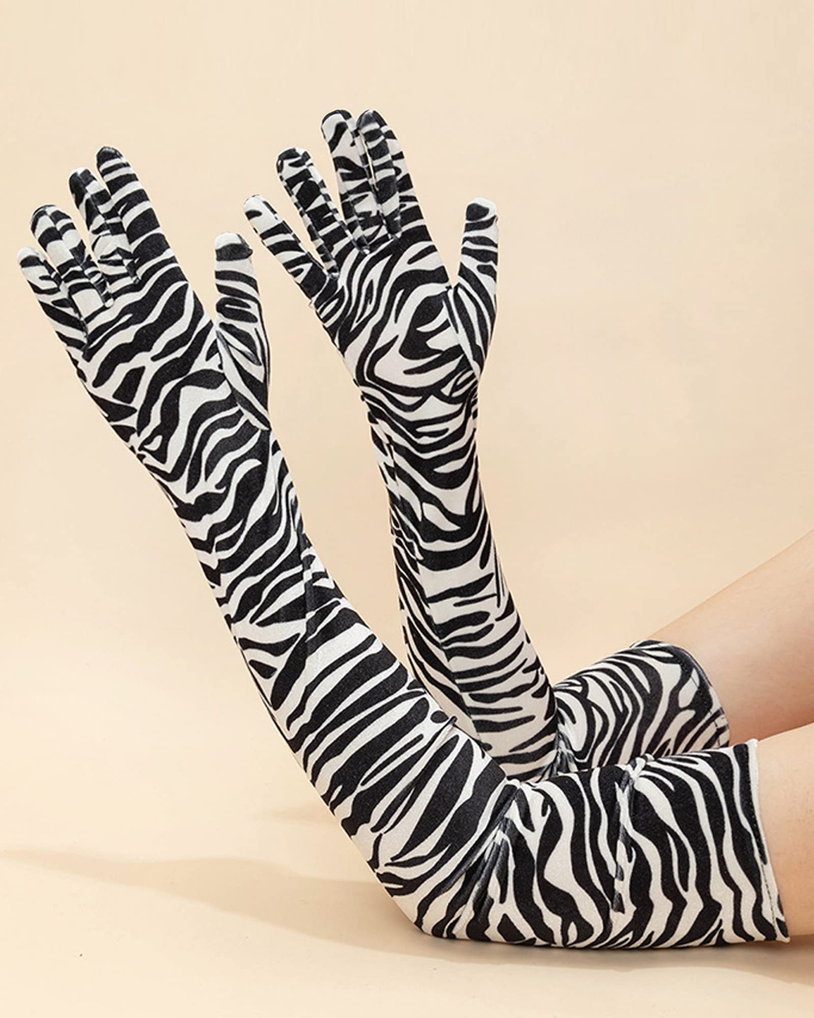 BXT Women's Long Zebra Leopard Animal Print Flapper Velvet Opera Cosplay Gloves Halloween Costume Accessories (Zebra-Stripe)