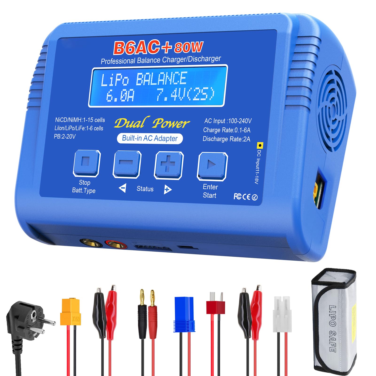B6 Lipo ładowarka RC Balanced Fast Battery Charger 80 W 6A Smart Digital Battery Pack ładowarka do akumulatorów 1S-6S LiPo Life Li-Ion 1-15S NiCD NiMH PB Smart RC Car (niebieska)