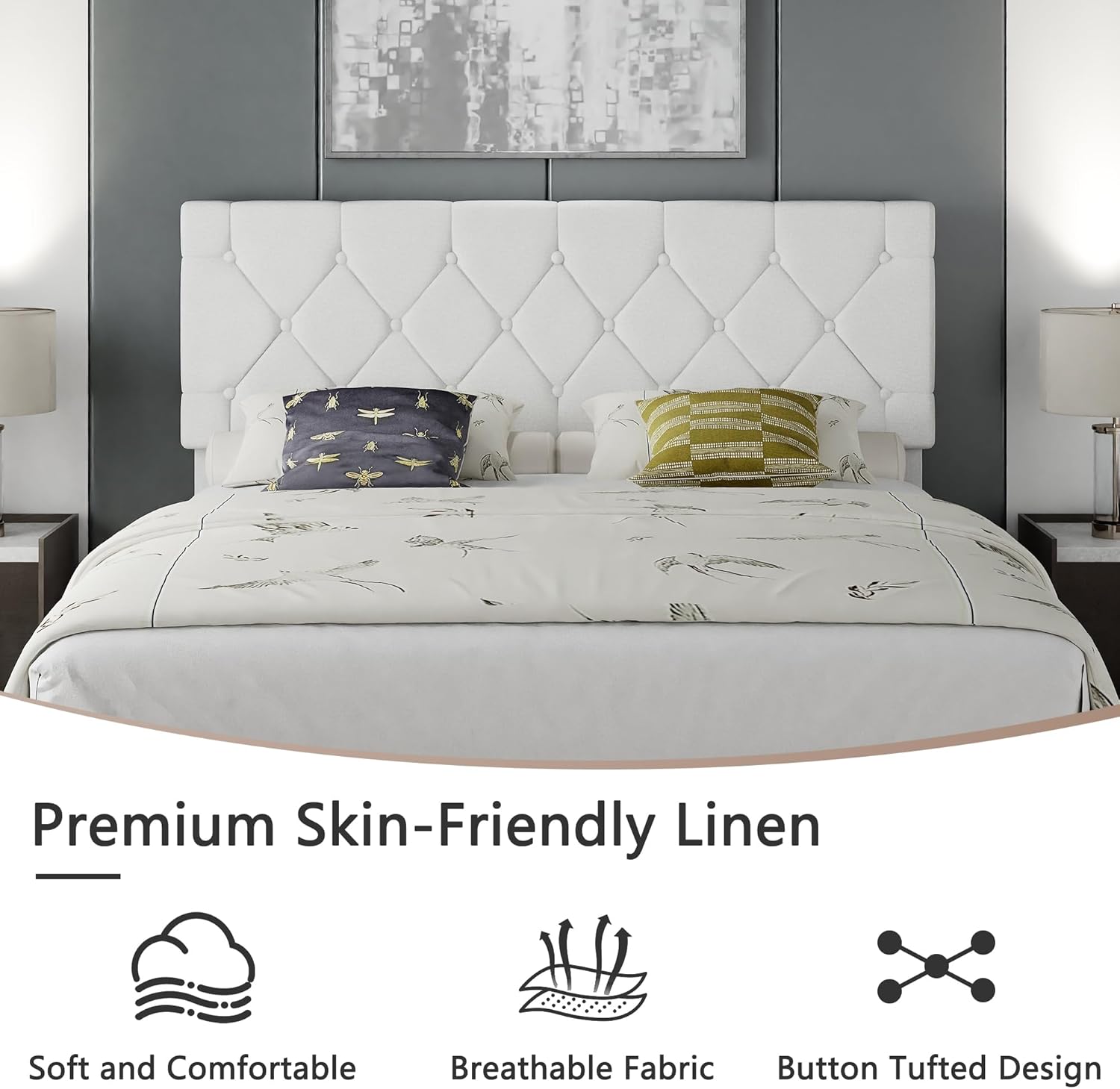 VECELO Full Size Bed Frame with Button Tufted Headboard, Upholstered Platform with Wooden Slat Support, No Box Spring Needed, White