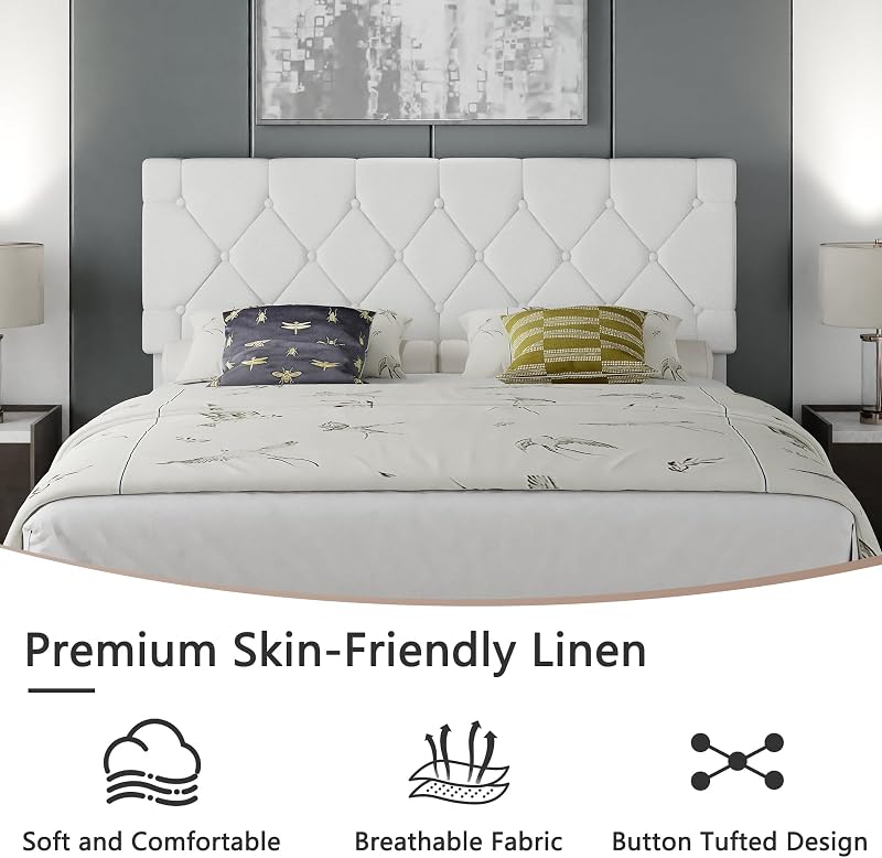 VECELO Queen Bed Frame with Upholstered Tufted Headboard, Pure White image 4