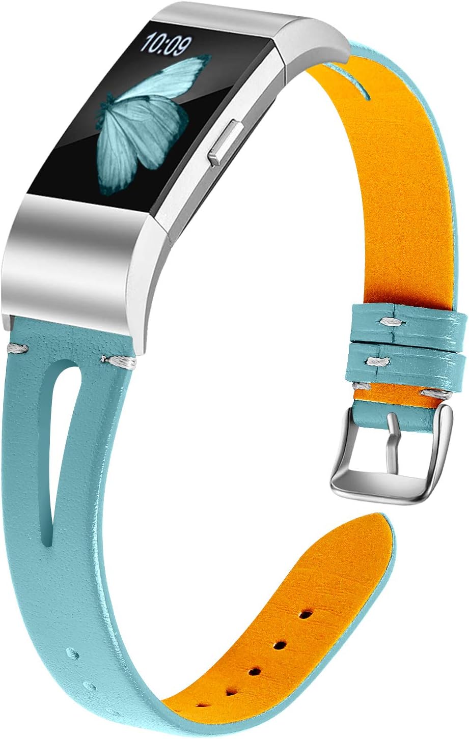 JOYOZY Genuine Leather Bands Compatible with Fitbit Charge 2 Smartwatch,Slim Wristbands Replacement Accessories Women Men Stylish Feminine Breathable Triangle Hole Design Charge 2 Strap Smoky Blue