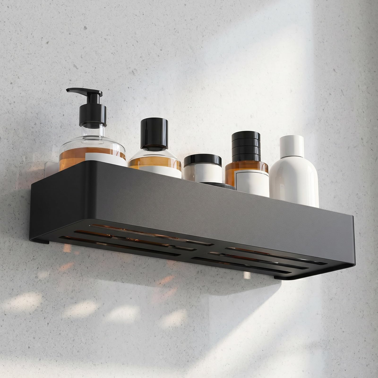 ibasenice Estante de Ducha Diseño de Estante Flotante sin Taladro Negro de Acero al Carbono y Estructura Inferior Hueca para Baño o Dormitorio
