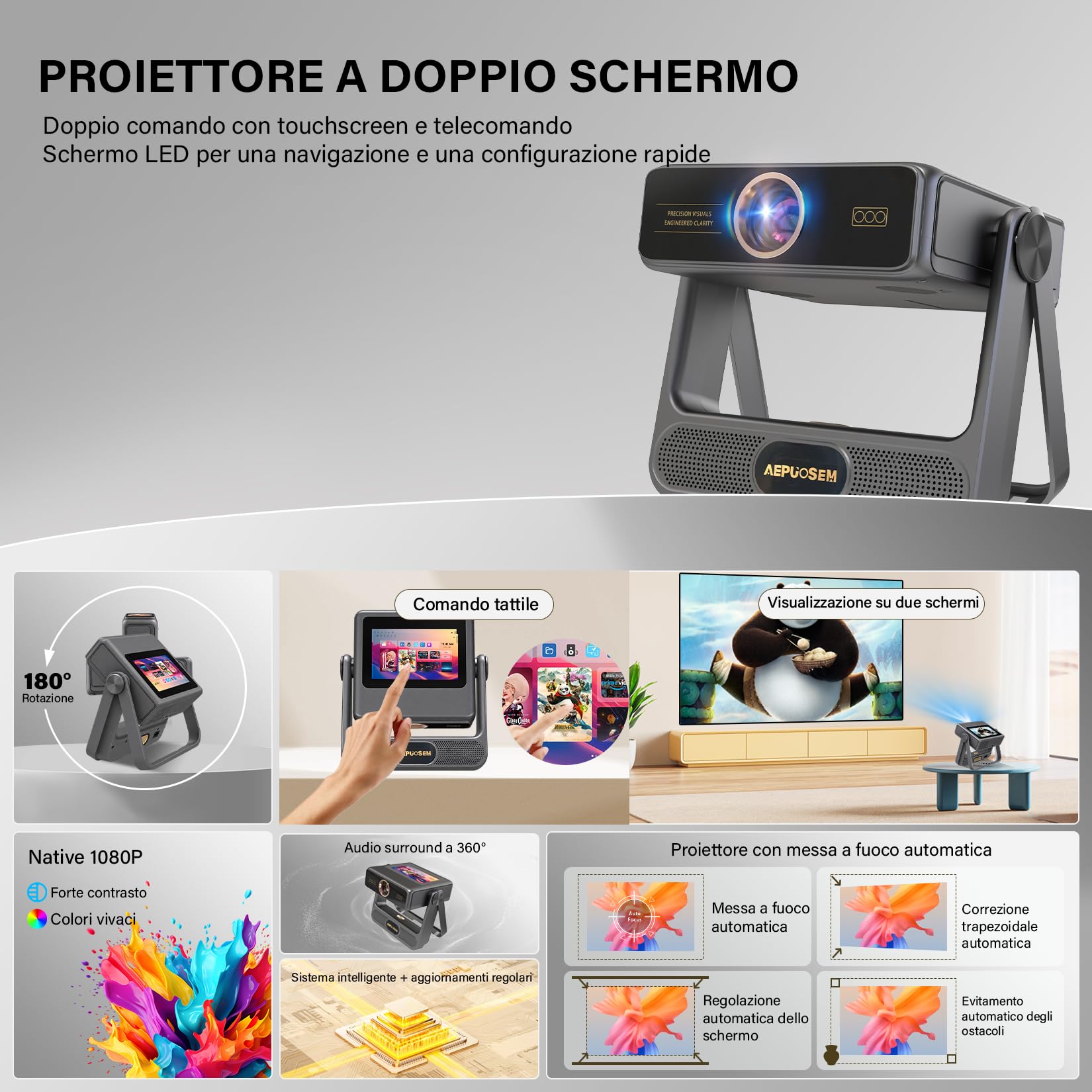 Proiettore Smart Compatibile 4K, Videoproiettore Full HD 1080P con Touchscreen, Doppio Display, 1200 ANSI, Autofocus, WiFi 6 Bluetooth, 1000+ App, Audio 25W per Home Cinema Camera Grigio