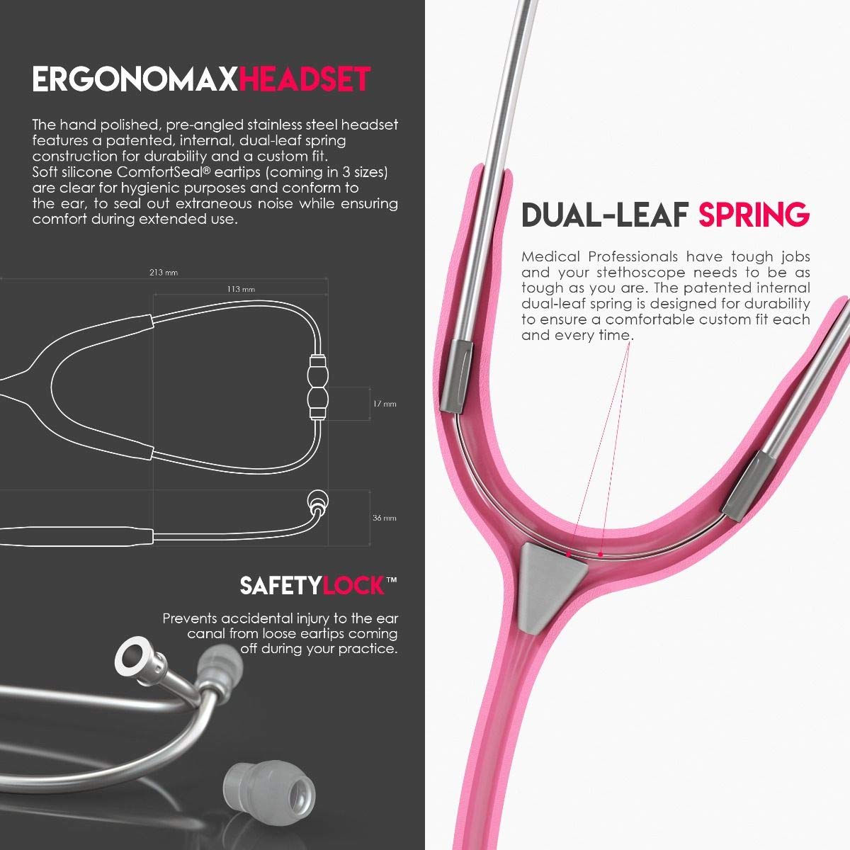 MDF Instruments, MD One Stainless Steel Stethoscope, Adult, Pink Tube, Silver Chestpieces-Headset, MDF77701