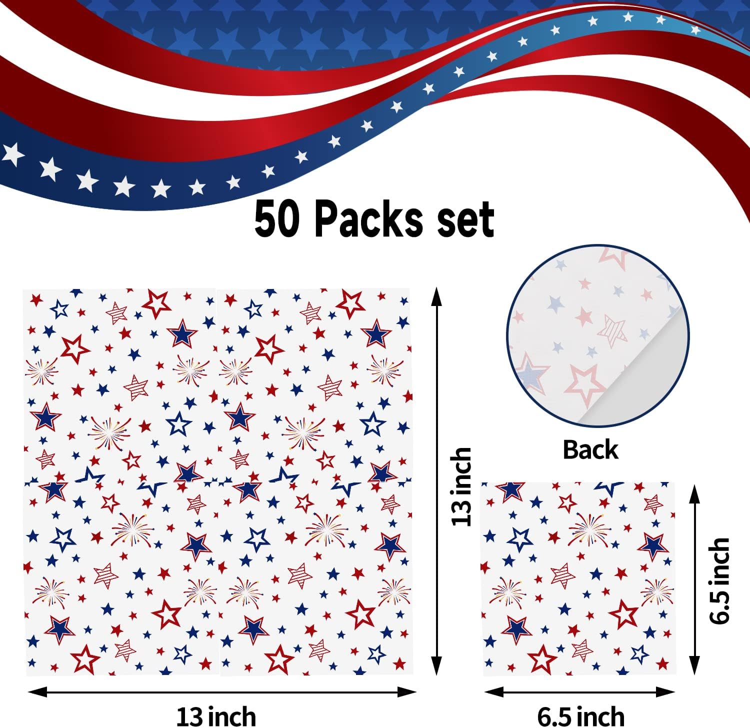 ​Quera 50 Pack Patriotic Party Supplies Stars Firework Paper Napkins 4th of July Memorial Day Independence Day Holiday Kitchen Table Decoration, 6.5'' X 6.5'' Red, White,Blue.​
