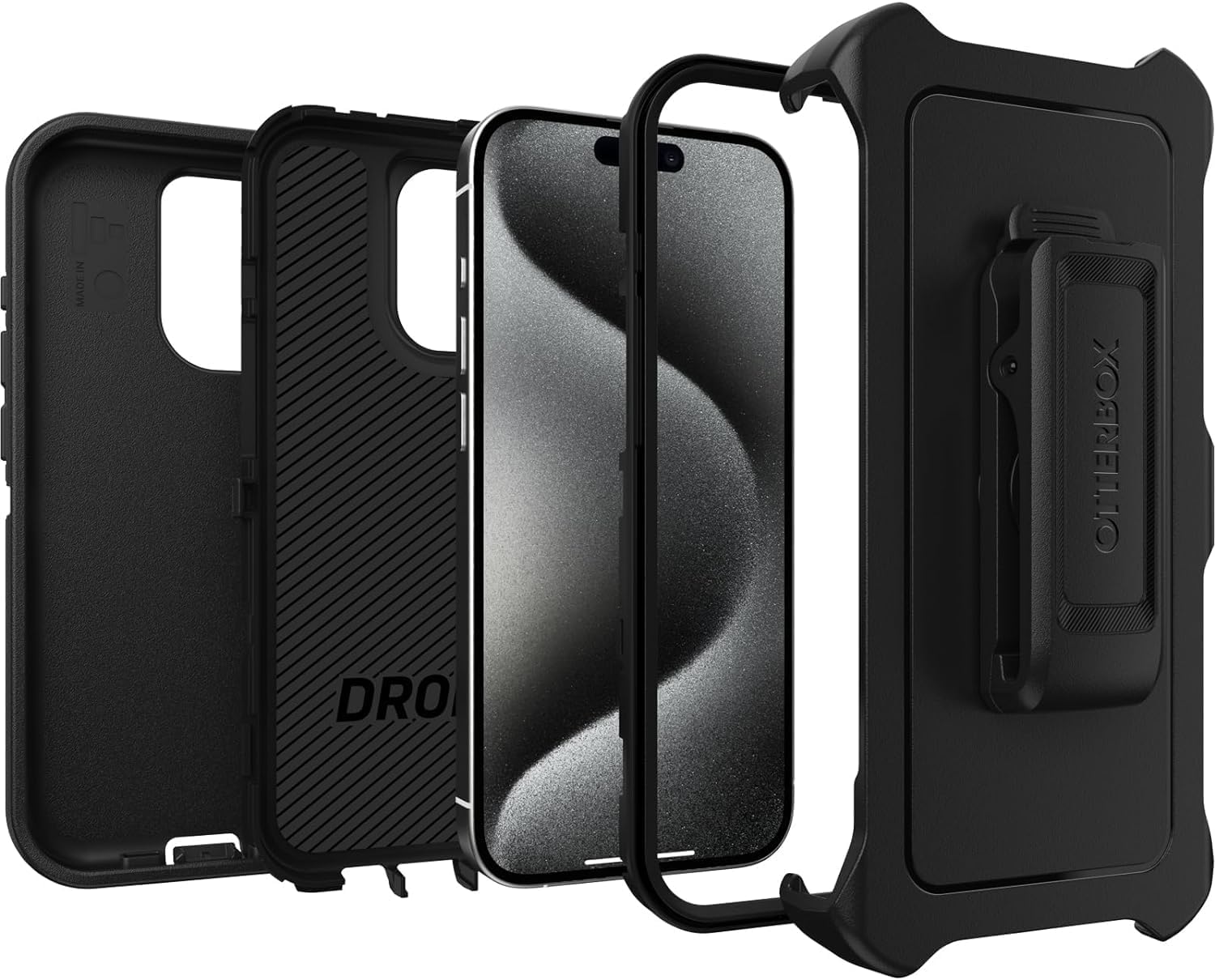 OtterBox iPhone 15 Pro (Only) - Defender Series Case - Black - Screenless - Rugged & Durable - with Port Protection - Holster Clip Includes - Non-Retail Packaging