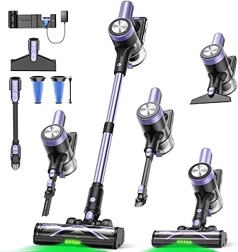 Cordless Vacuum Cleaner, 55KPa/500W Stick Vacuum with 55 Mins Runtime, Self-Standing Vacuum Cleaner for Home, LED Display, Anti-Tangle Brush, Rechargeable Vacuum for Hardwood Floor, Pet Hair Purple