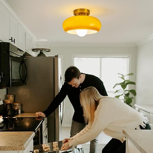 Miniatura 3 de Yunnix Lámpara de techo semiempotrada moderna de mediados de siglo, cristal, marrón, 11.02 pulgadas, perfecta para dormitorio, cocina, sala de estar