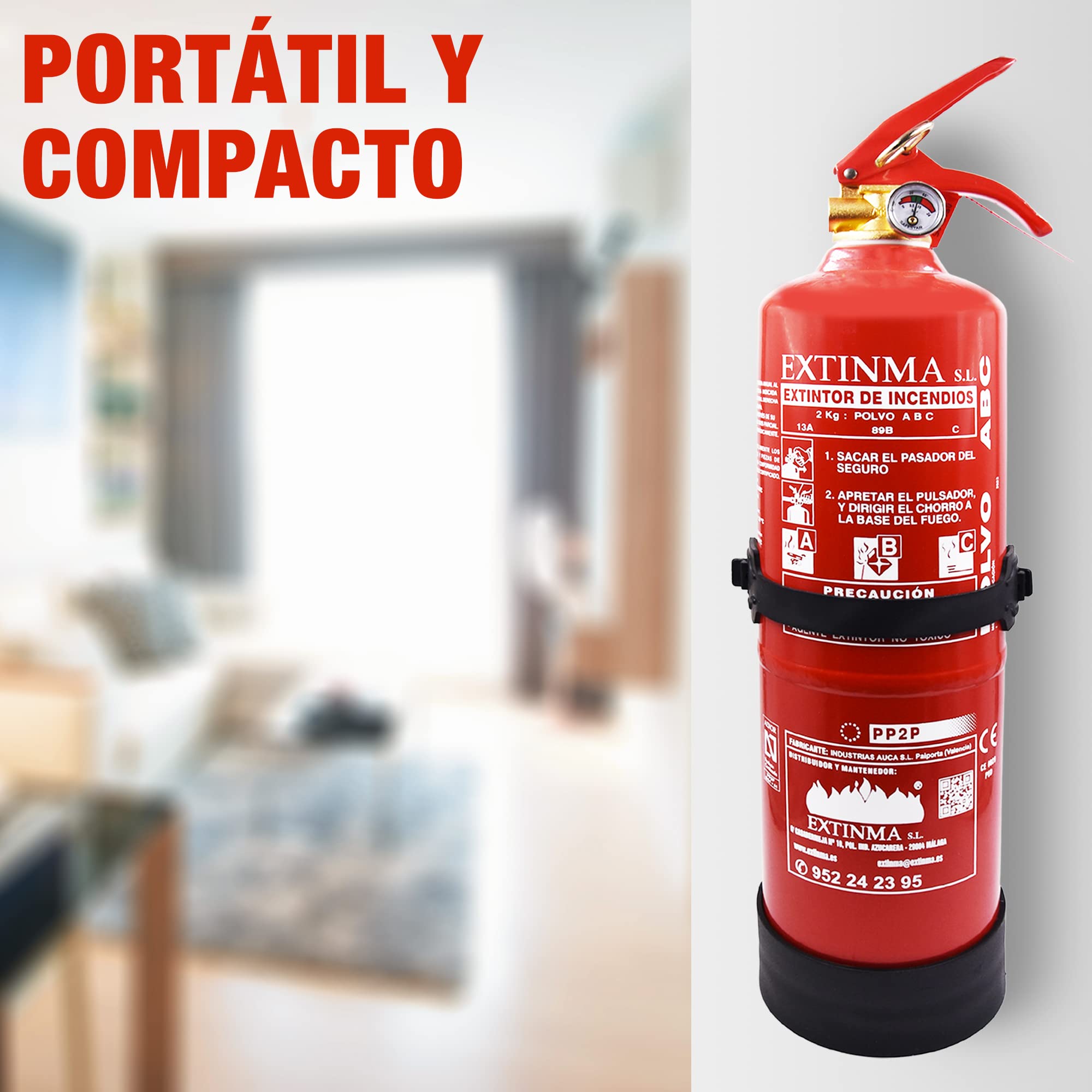 Extintor Polvo ABC 2kg con soporte, homologado CE y AENOR. Ideal para coche, casa, caravana, camper, autocaravana. Alta eficacia. Portátil, compacto. Fabricado en España. Seguridad total.