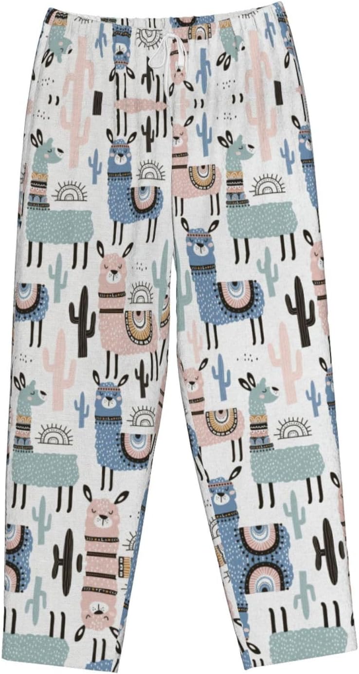 Tropical Cactus Animal Lama Print Cozy Flannel Pajama Pants For Women,Warm Christmas Pj Pants,Cute Fleece Pajamas