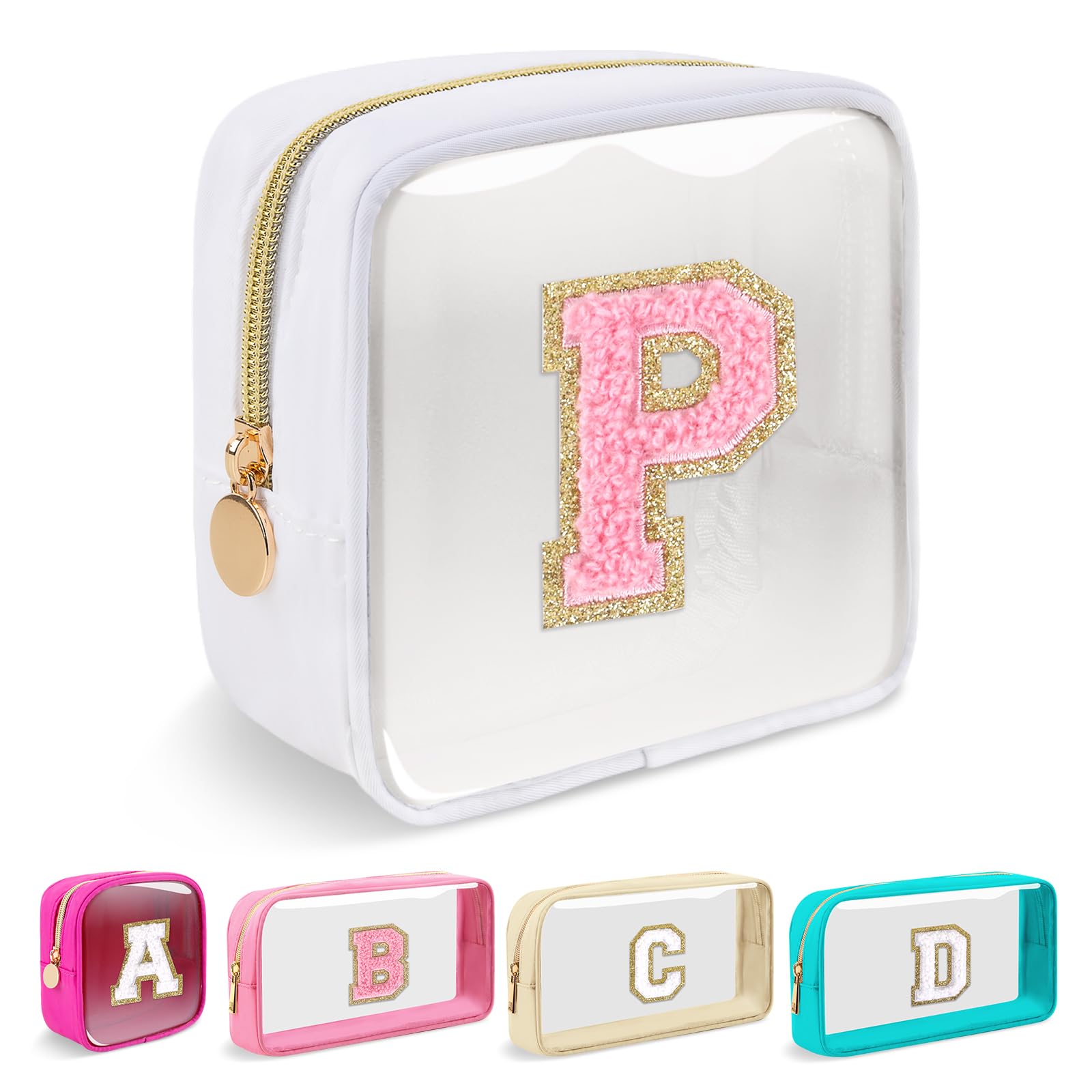 Mini Clear Personalized Initial Makeup Bag Small Nylon Waterproof Zip Beach Cosmetic Pouch Preppy A-Z Chenille Letter Patch