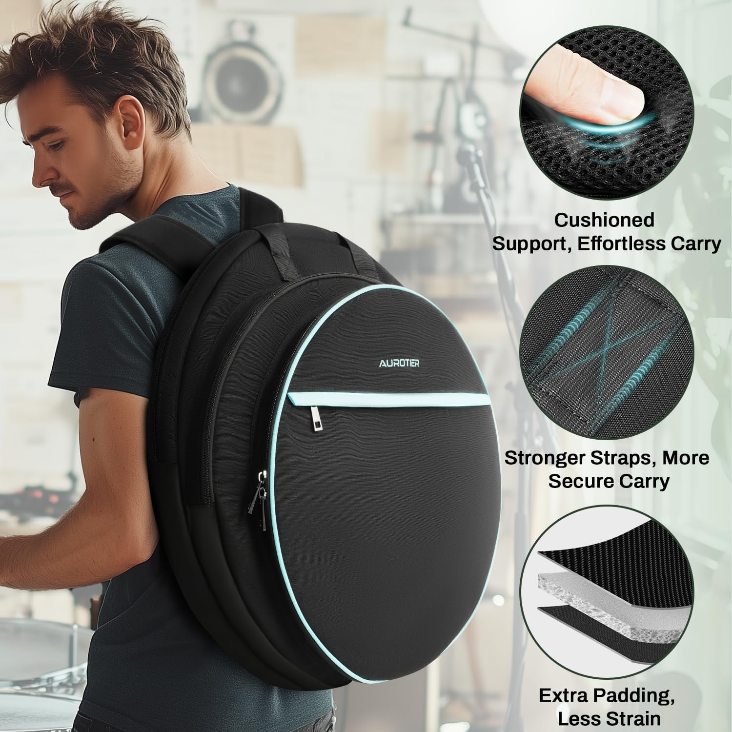 AUROTIER 22" Cymbal Bag, Water-Resistant Cymbal Case with Thick Padded Dividers, Cymbal Backpack and Carry Handles for Drum Cymbals and Accessories