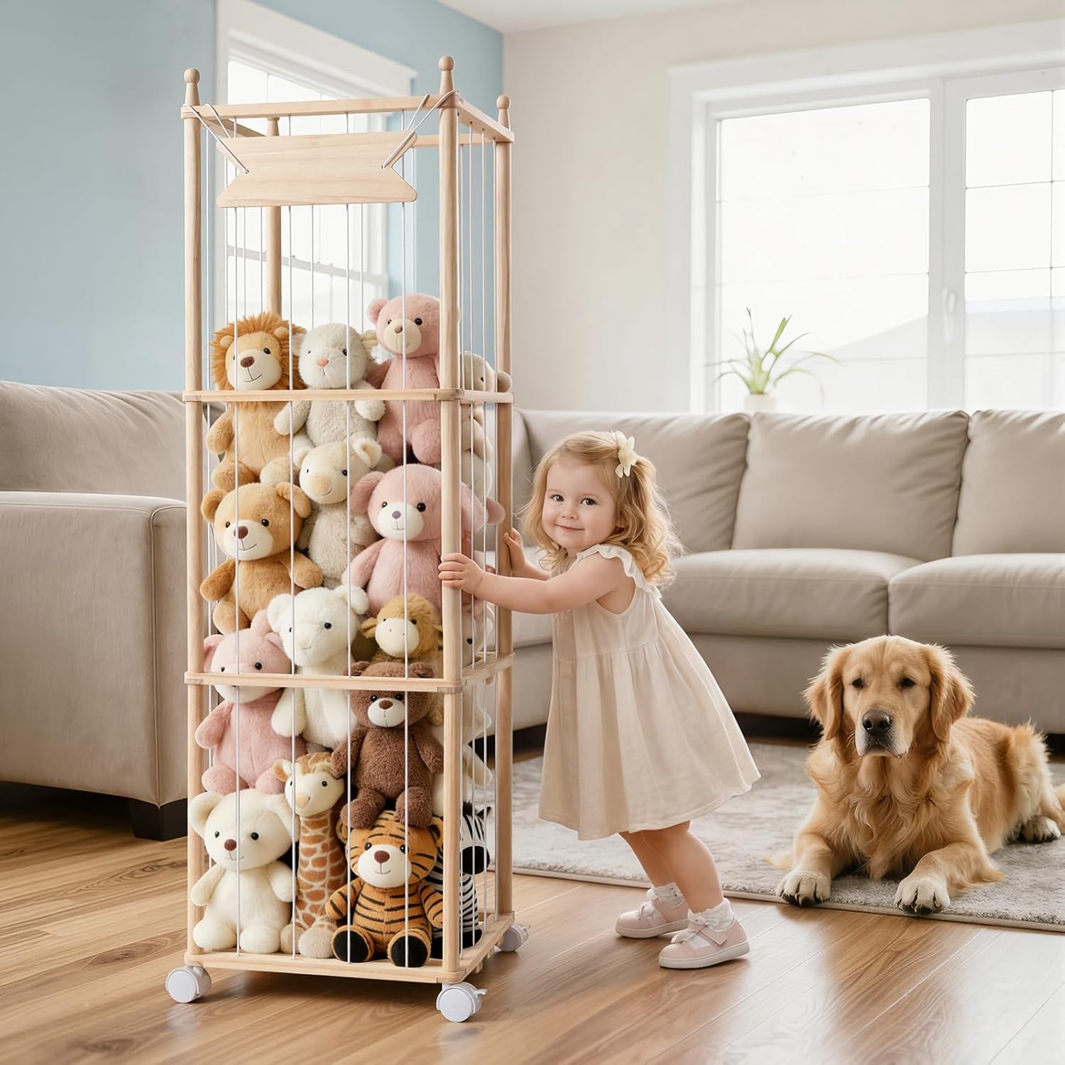 Ostutry Stuffed Animal Storage with Wheels - Wood Stuffed Animals Organizer Holder Zoo Large Capacity Plush Toy Cage with Elastic Band for Playroom, Bedroom, Nursery