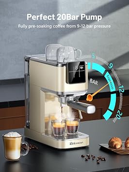 RELEXNOW Espresso Machine, 20 Bar Espresso Maker Milk Frother & LCD Panel, Hot & Iced Coffee Machine, Stainless Steel Espresso Coffee Machine with 41oz Water Tank for Cappuccino, Latte