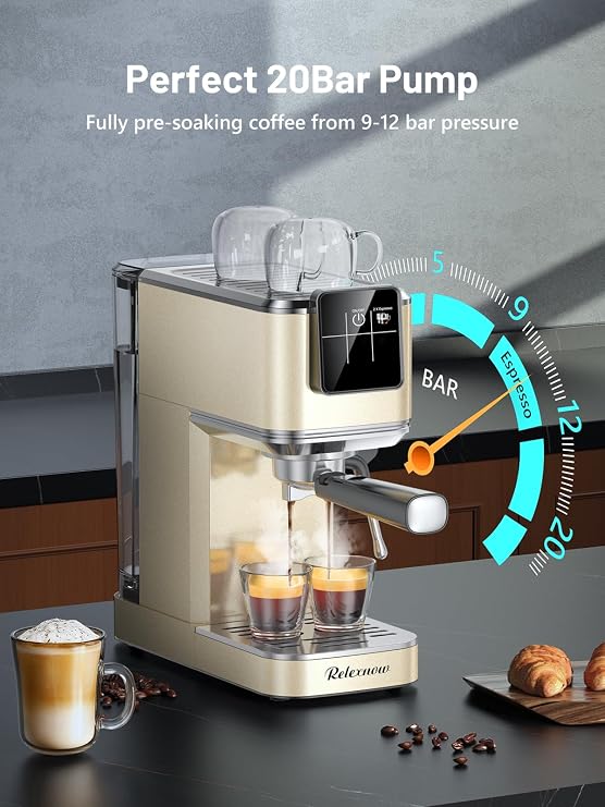 RELEXNOW Espresso Machine, 20 Bar Espresso Maker Milk Frother & LCD Panel, Hot & Iced Coffee Machine, Stainless Steel Espresso Coffee Machine with 41oz Water Tank for Cappuccino, Latte