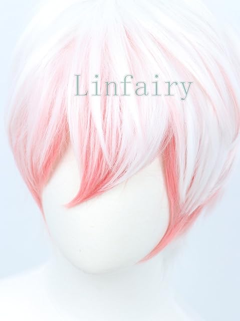 Foto 3 de 6 de Linfairy Peluca corta recta rosa y blanca para cosplay disfraz de Halloween peluca completa para hombres