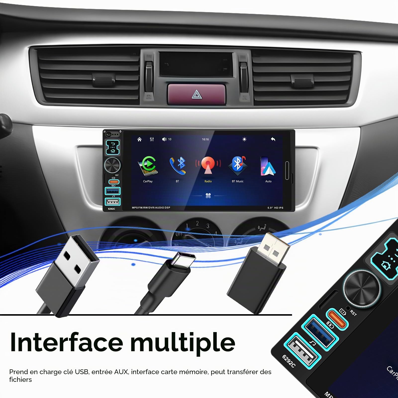 Autoradio 1 DIN Carplay Android Auto, Ecran Tactile 6.9 Pouces 1 Din Poste Radio Voiture Bluetooth Mains Libres, FM, Caméra de Recul, Microphone, USB/AUX/TF/EQ/DVR