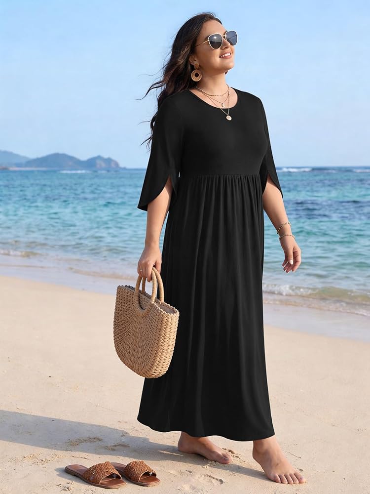 chinese dress ladies TAOHUADAO Women's Plus Size Maxi Dresses for Curvy Women Summer 3/4 Sleeve  Casual Long Dress with Pockets X-Large, Black at Amazon Women's Clothing  store